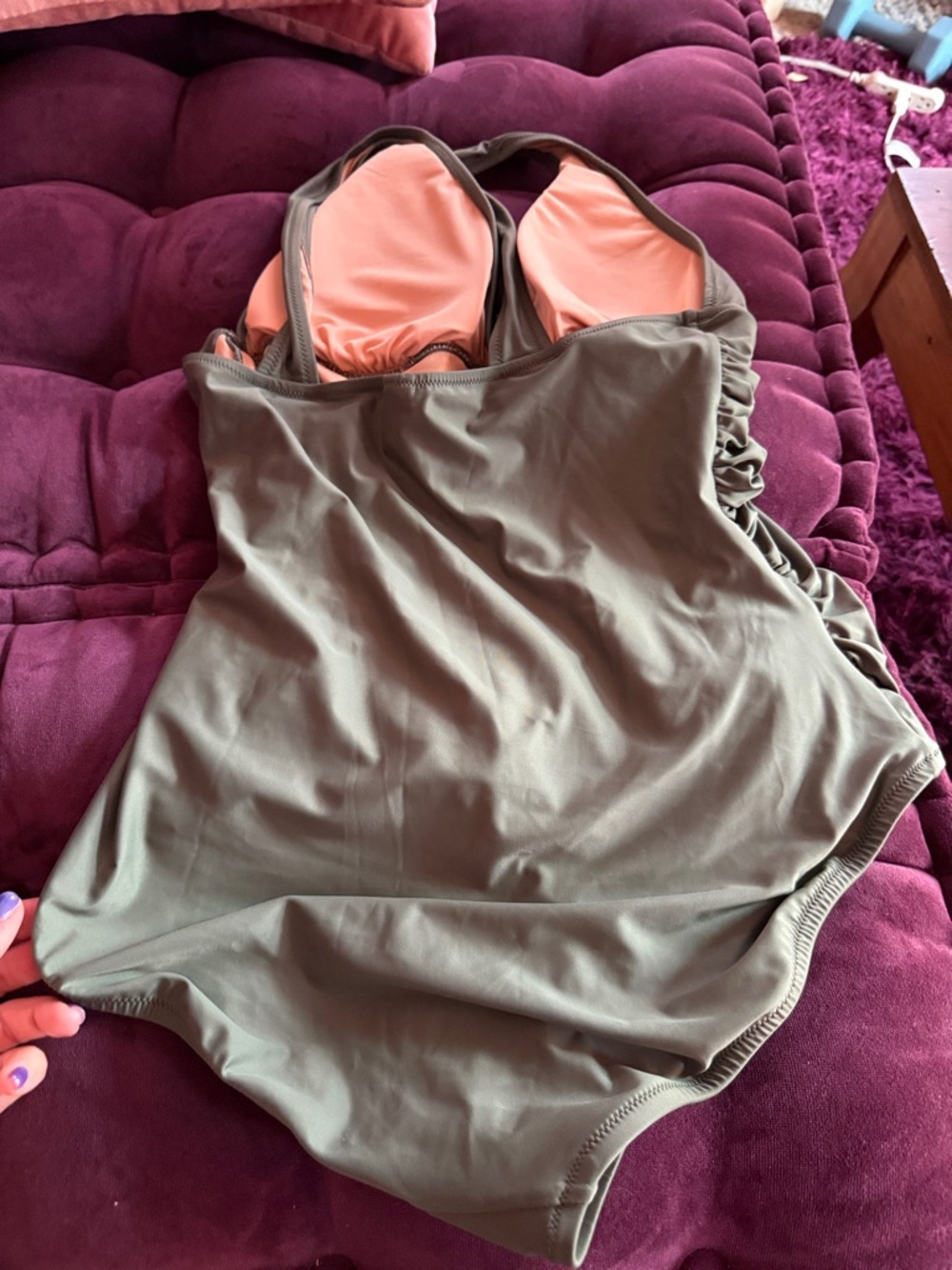 J. Crew Olive Green One-Piece Swimsuit with Peach Lining 16 - Picture 5 of 9